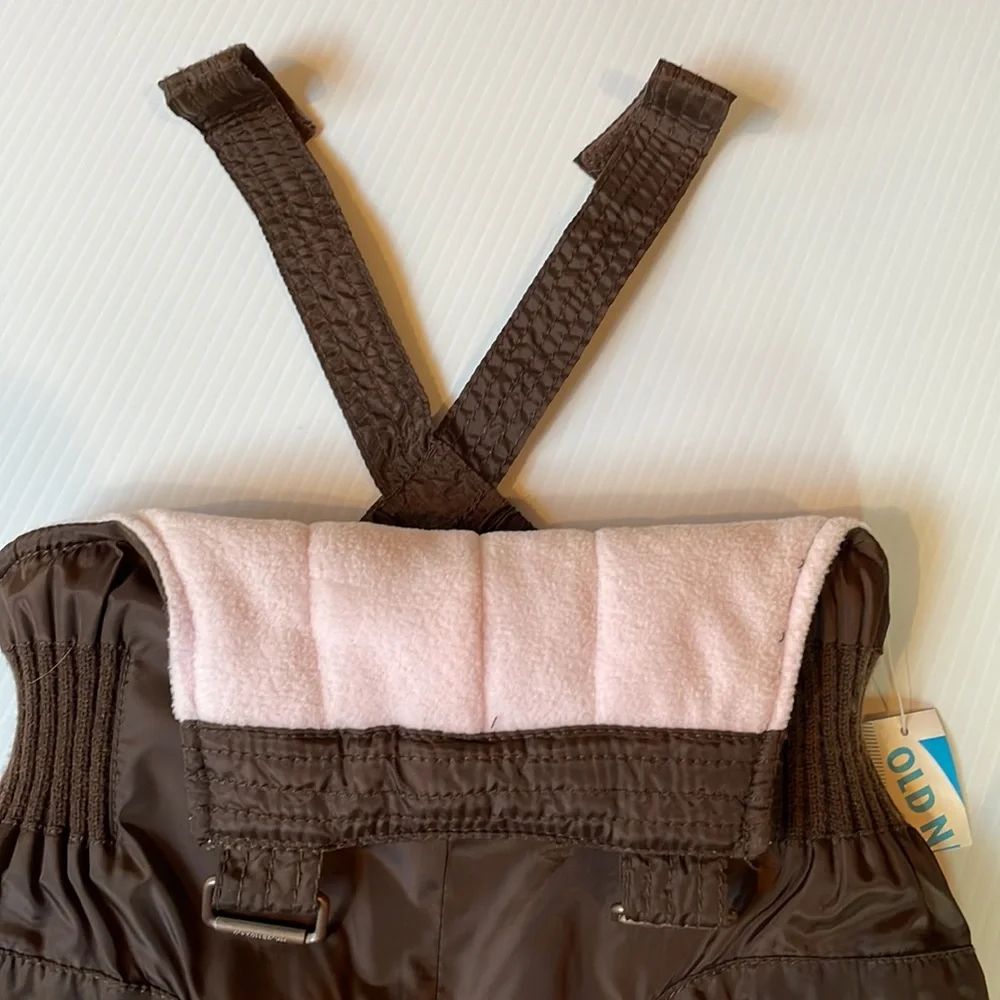 Old Navy brown & pink bib overall snow pants.  Girls size 6-12 months